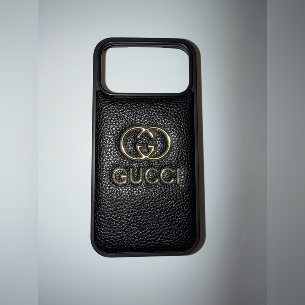 Black Leather 17 pro max iPhone Case with Gold Logo Accent